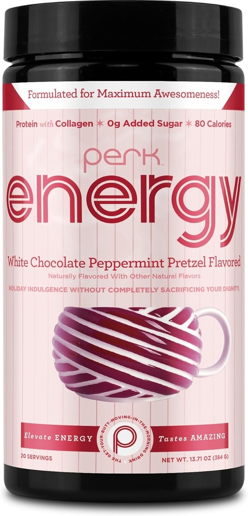 Perk Energy Original White Chocolate Peppermint Pretzel Drink Mix (20 portioner) - Gluten Free, Soy Free, Peanut Free