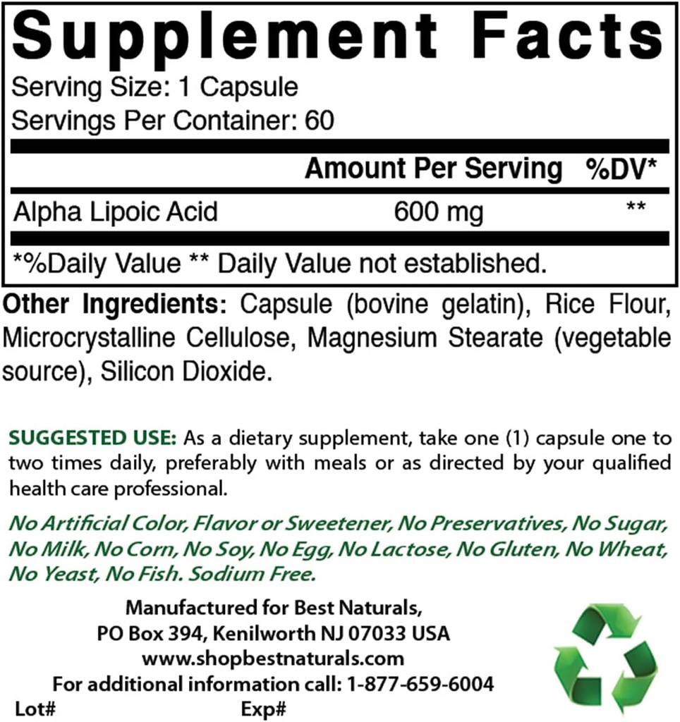 Best Naturals Alpha Lipoic Acid 600 mg & Selenium 200 mikrog