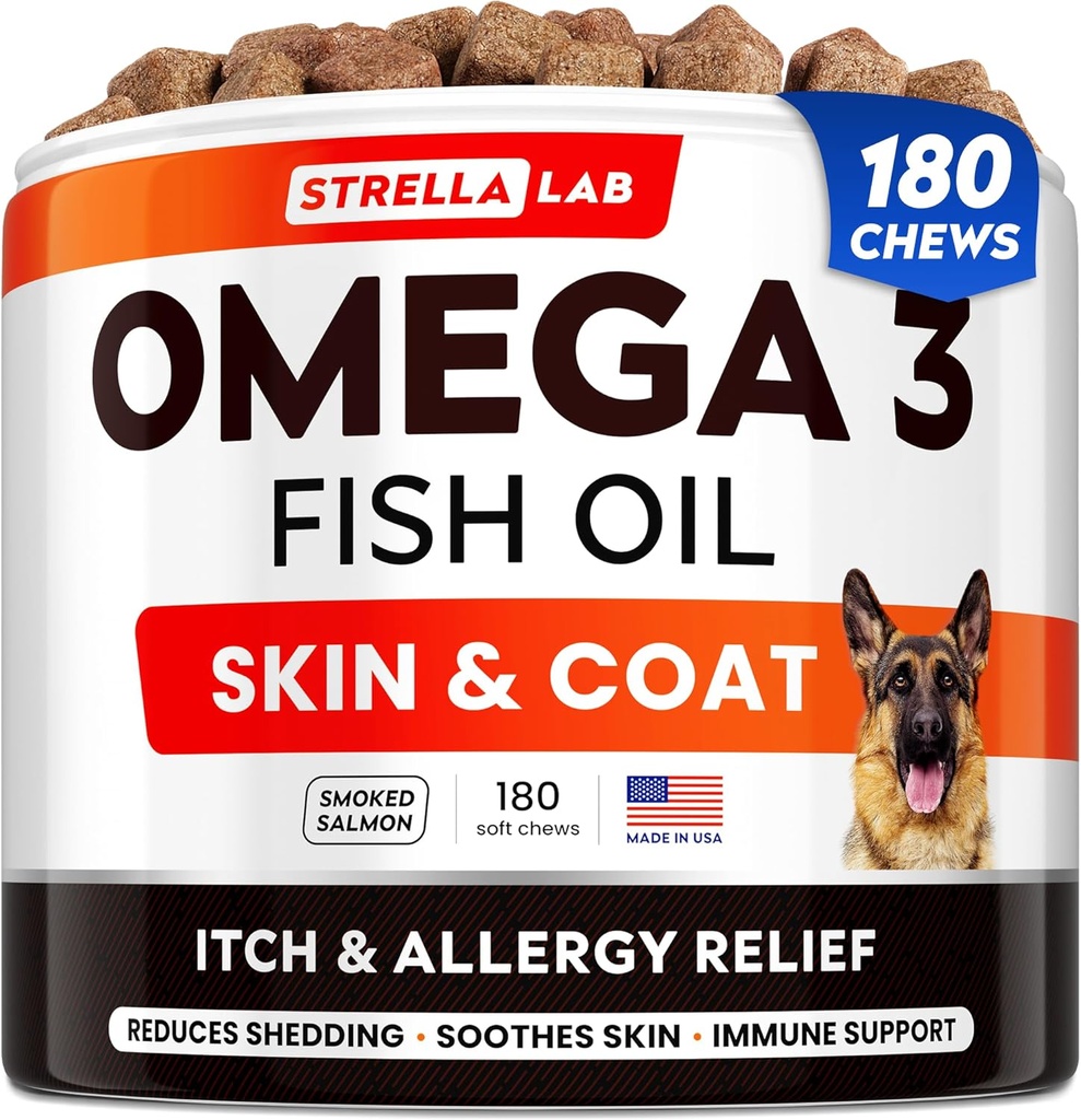StrellaLab Omega 3 koirille - (180Ct) Kalaöljy herkut - Allergia & kutina Relief Ihon ja turkin lisäravinteet - Kuiva kutiava iho, anti sheddings & Hot Spot hoito - lemmikkilohen öljy Chews - Savustettu lohi maku