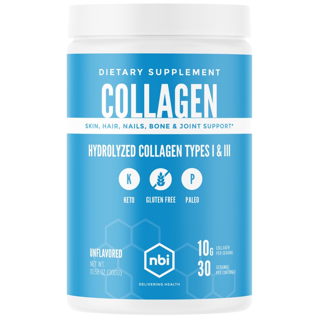 NBI Unflavored, Collagen Peptides Powder, Paleo- och Keto Friendly, Typ I och III Hydrolyzed Collagen, Amino Acids Supplement, Dairy Free, Soy Free, Gluten Free