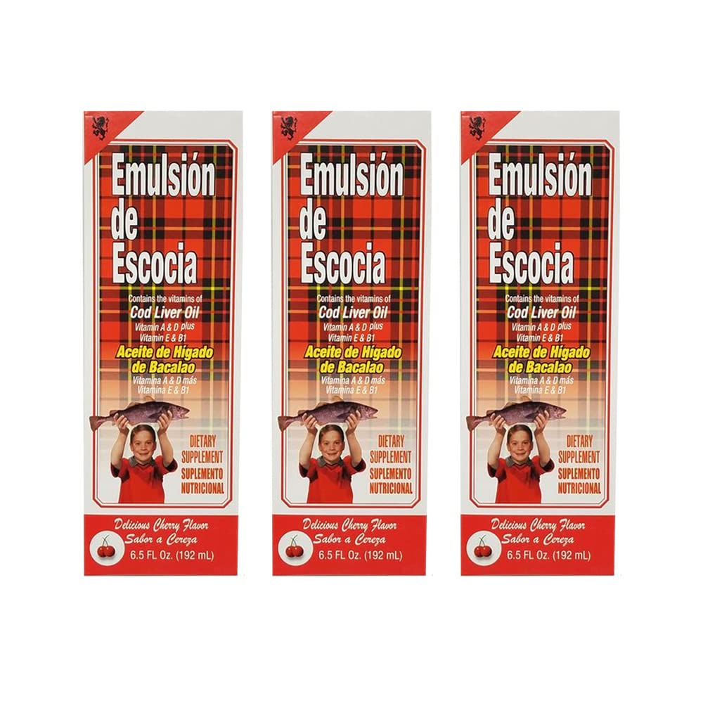 Emulsion de Escocia Cod Liver Oil kosttillskott. Rik i vitamin A, D, E och B1. Cherry smakade. 6.5 Fl Oz / 192 ml. Förpackning med 3