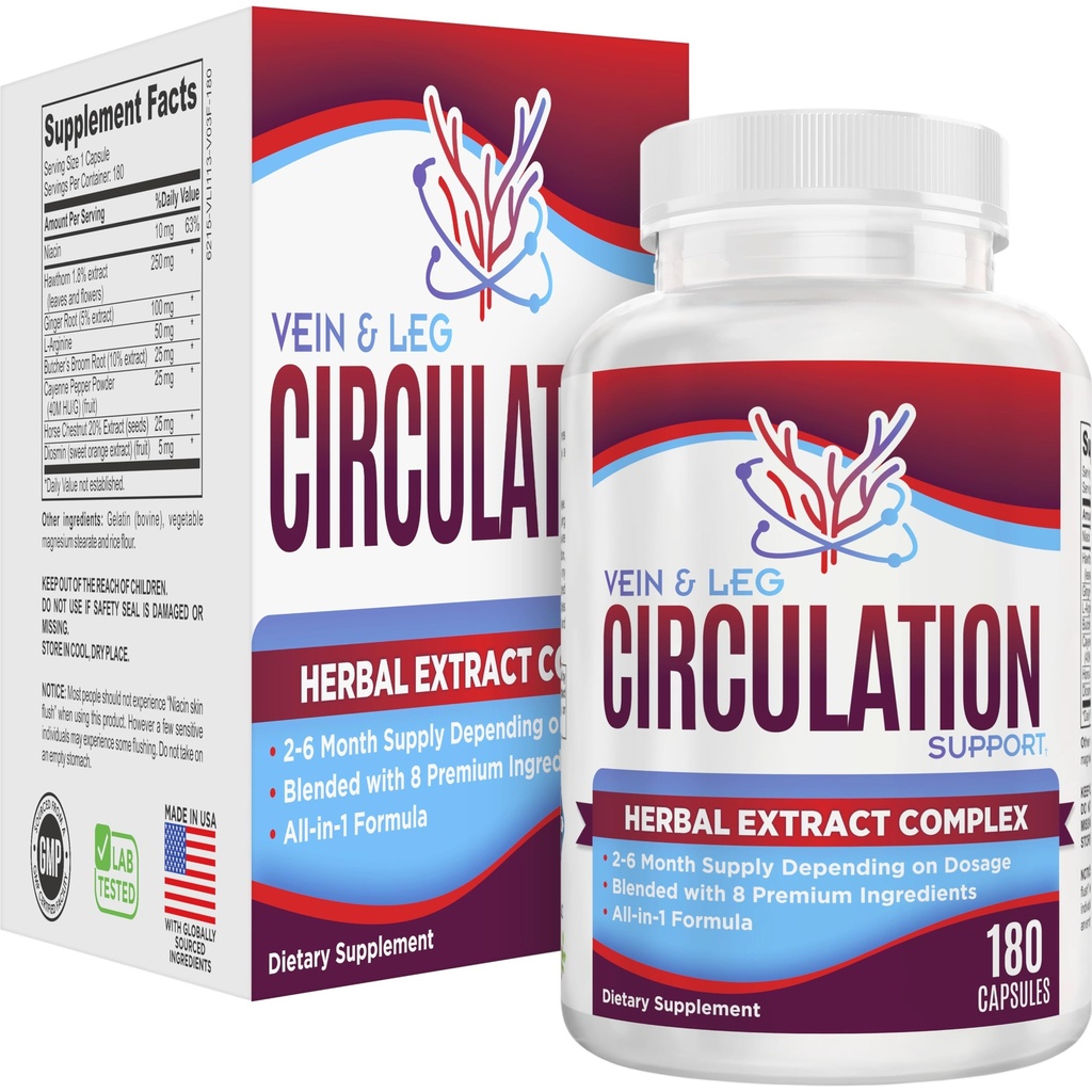 2-månad: Vein & Leg Circulation Supplement (All-in-1) Hälsostöd med 8 aktiva ingredienser | Blodcirkulationsbooster Formel | Leg & Vein Supplements | 60-dagars Bulk Supply | 180 kapslar