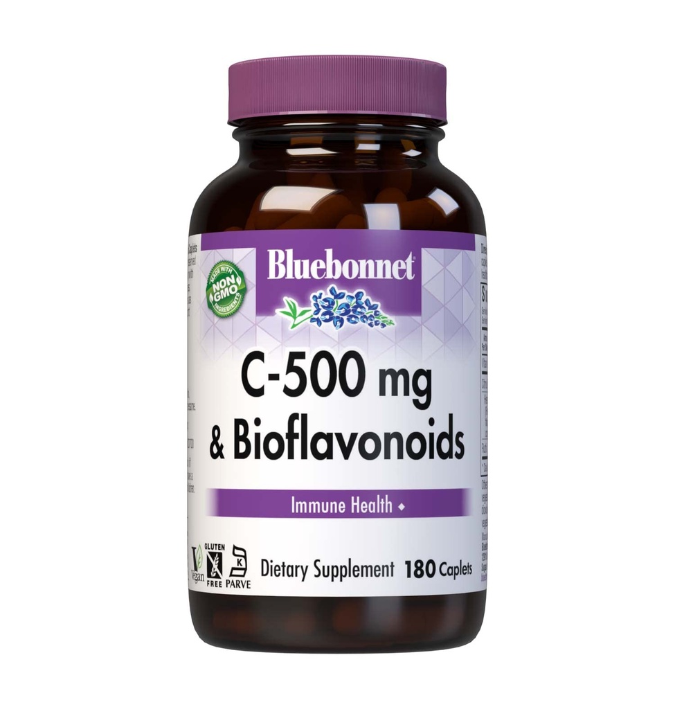 Bluebonnet Nutrition C-500 mg Plus Bioflavonoidit Caplets, C-vitamiini 500 mg, Citrus Bioflavonoidit 250 mg, Immuunit, soijaton, gluteeniton, ei-GMO, Kosher, Dairy Free, Vegan, 180 Caplets