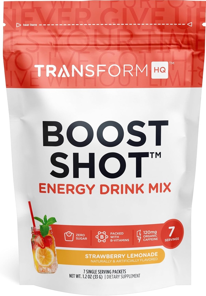 TransformHQ Boost Shot Powder Drink Stick Packets, Strawberry Lemonade, 7 Pack, Energy Supplements for Women & Men, kofeiini, B12, B9, B6 ja B3