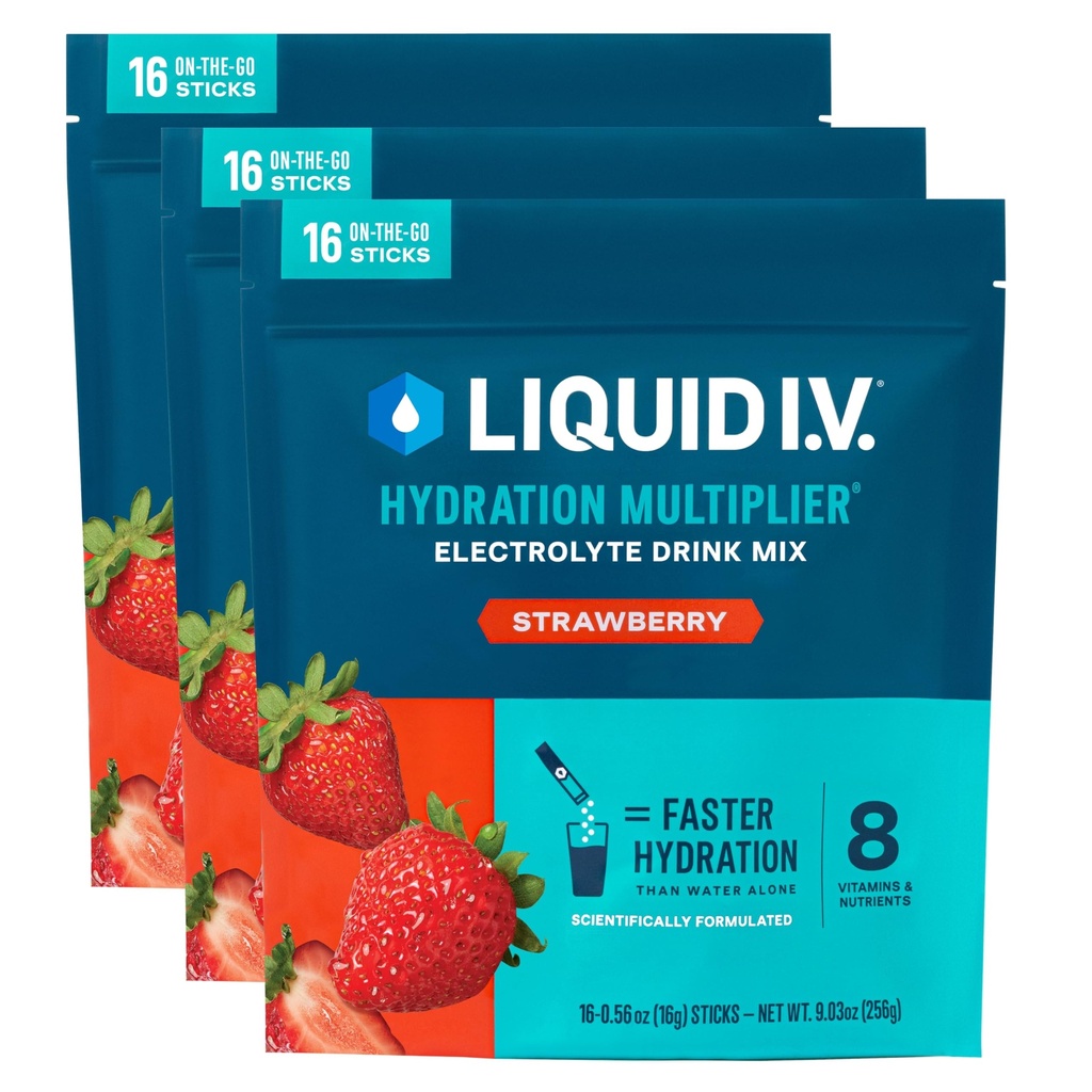 Liquid I.V.® Hydration Multiplier - Mansikka . Elektrolyyttijauhe juoma Mix. 3 pakkaus (48 tarjoilua)
