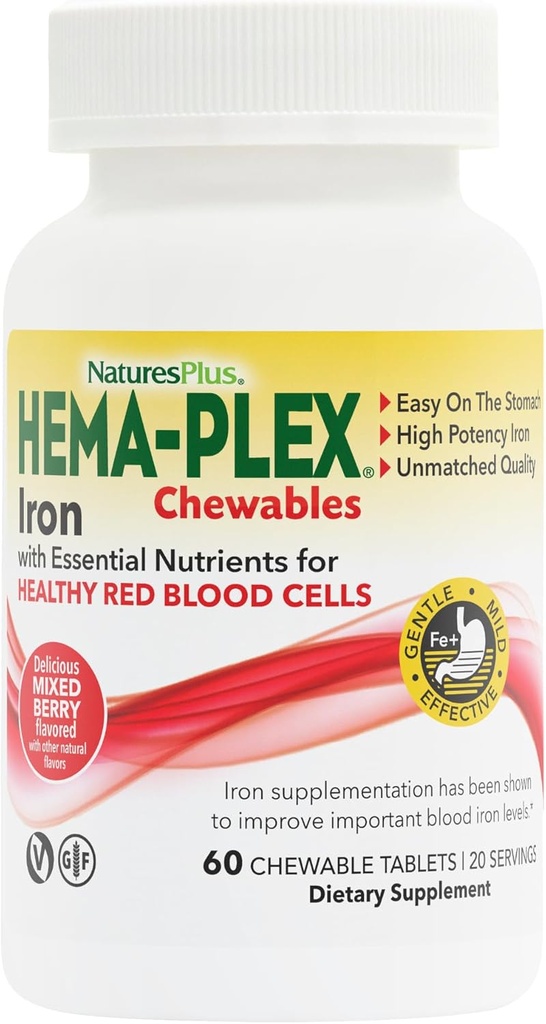 Natures Plus Hema-Plex Iron - 60 Mixed Berry Chewables - 85 mg Elementaalirauta - Total Blood Health - vitamiini C & Bioflavonoidit - ei-GMO, Vegan & Gluteenittomat - 20 tarjoilua