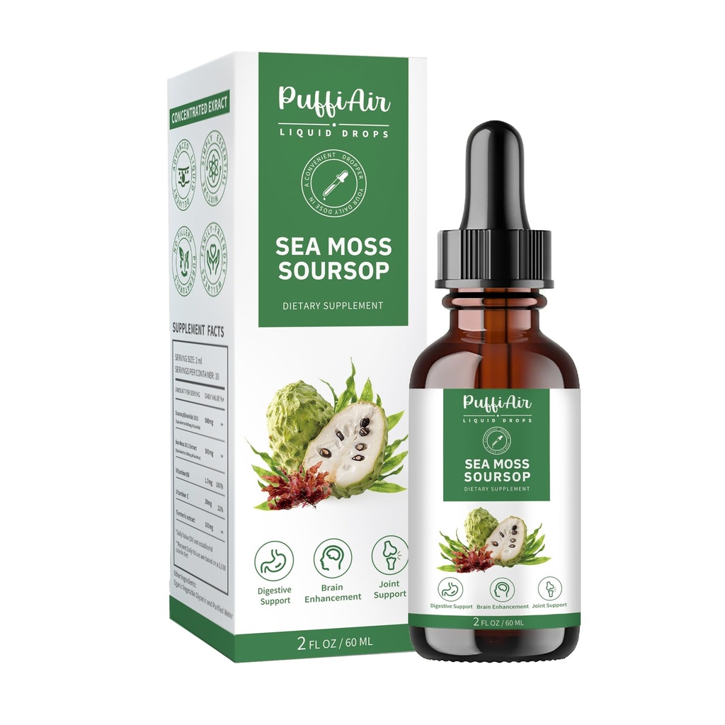 PUFFIAIR Soursop(Graviola) & Sea Moss Liquid Drop for Cell Support & Regeneration, Immuuni Boost, Relax, Liver and Sleep, Herbal Extract, Sugar/Gluten Free, Natural Flavor, 2 Fl Oz/60ml