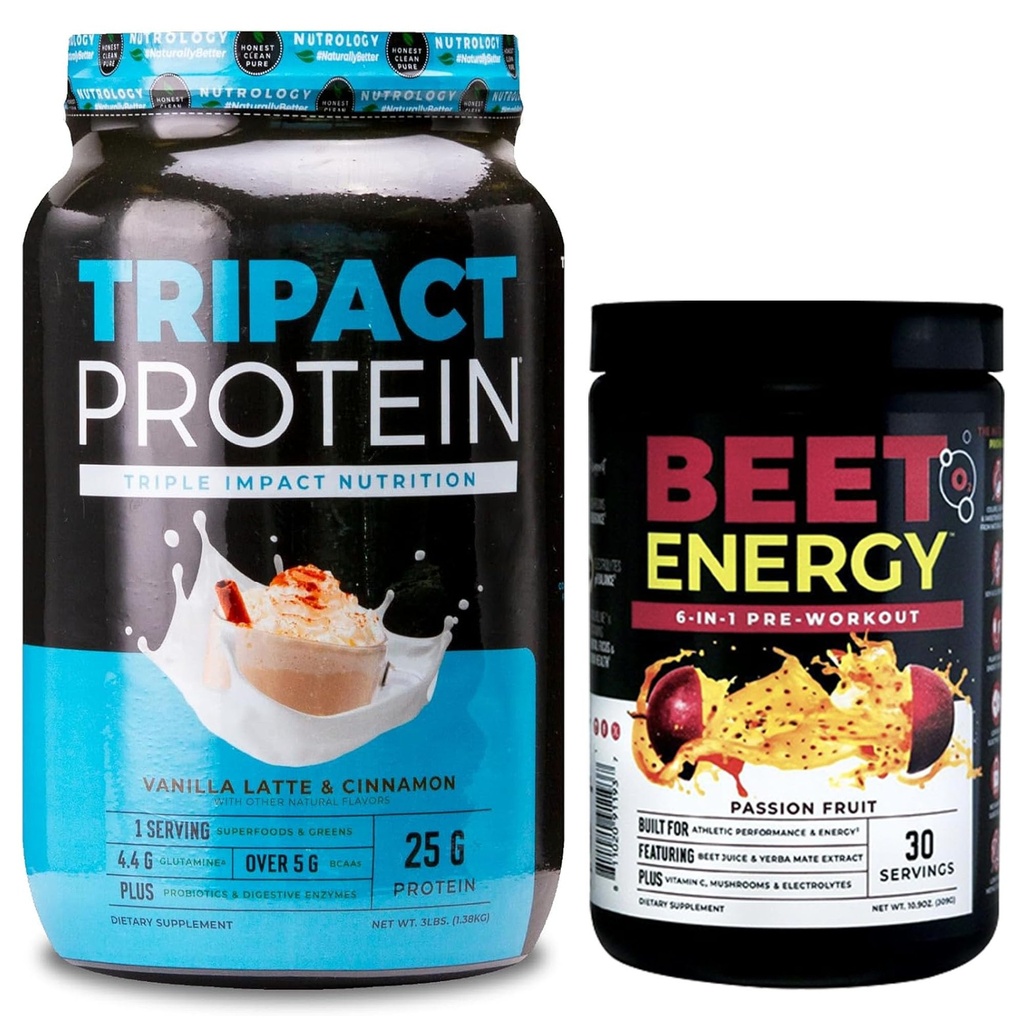 Nutrology TRIPACT Protein Powder, 7-in-1 Ateriankorvike Shake, Vanilla Latte Cinnamon Flavor (40 Servings) Beet Natural O2, Pre Treenijauhe, Passion Fruit Flavor (30 tarjoilua)