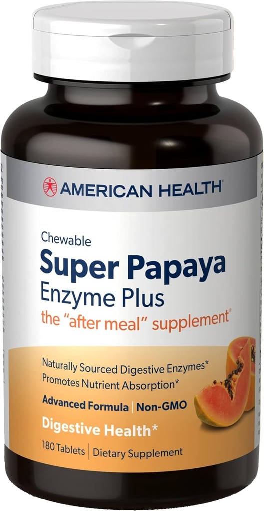 American Health Super Papaya Enzyme Plus - 180 purutablettia - Ater-Meal Supplement - Ei-GMO - 60 tarjoilua