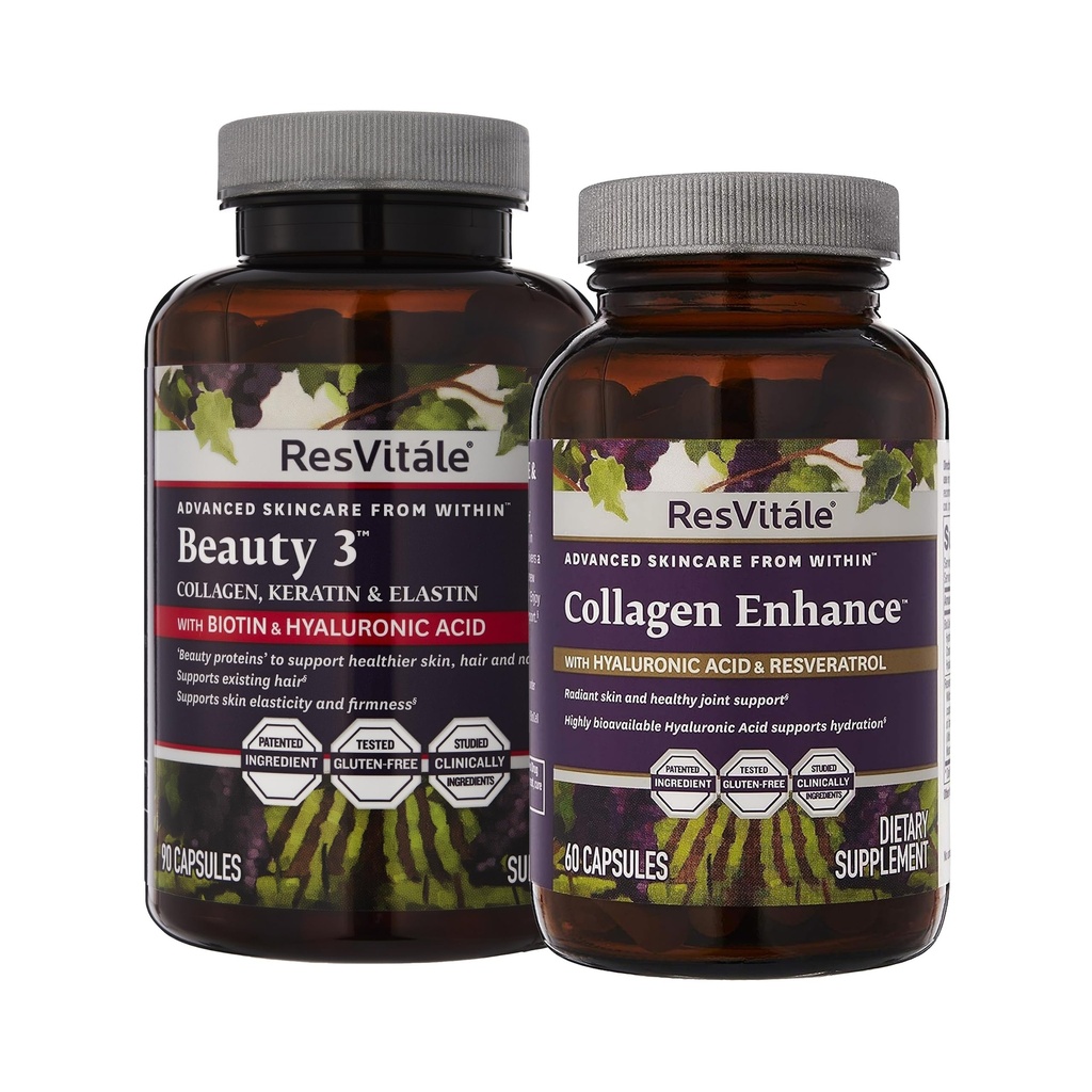 ResVitale Beauty 3 - ihonhoitolisä kollageenin, Keratin & Elastin - 90 kapselia & Collagen Enhance - Kauneuslisä hyaluronihapon ja Resveratrolin kanssa - 60 kapselia