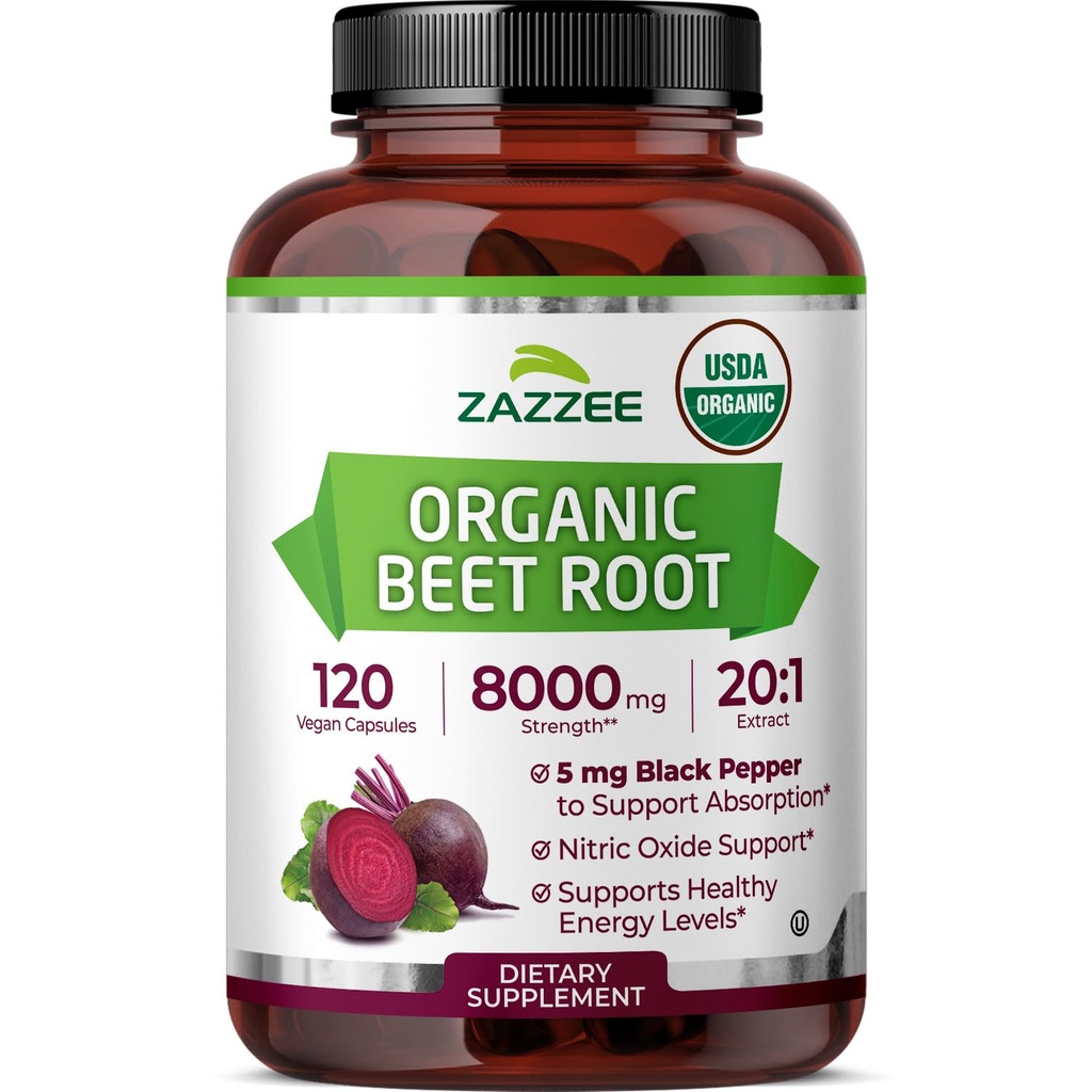 Zazzee USDA Organic Beet Root 8000 mg Vahvuus 20:1 uute, 120 Vegan Quick Release kapselit, Black Pepper uute tehostettua imeytymistä, tukee typpioksidin tuotanto, ei-GMO, valmistettu Yhdysvalloissa