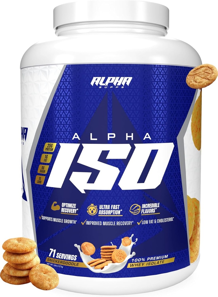 Alpha Supps ISO, Low Carb 100% Whey Protein Isolate Powder, 25 grammaa per tarjoilu, auttaa tukemaan lihasten kasvua, alhainen sokeri ja gluteeniton (Snicker Doodle, 5 lb)