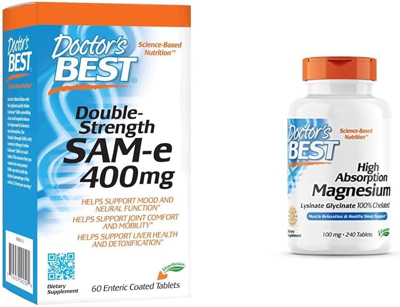 Lääkärin BEST SAM-e 400 mg, vegaaninen, gluteeniton, soijaton, mieliala- ja niveltuki, 60 enteropäällysteinen ja suuri imeytyvä magnesiumglykonaattilysinaatti, 100% kelatoitu, ei-muuntogeeninen kasvis, gluteeni