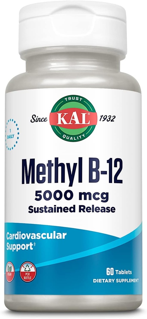 KAL Vitamin B12 Methylcobalamin 5000mcg, Hälsosam energi, Metabolism, Nerve & Red Blood Cell Support, * Fast Dissolve ActivMelts, Optimal Absorption, Natural Raspberry Flavor, 90 Servings, 90 Micro Tabs