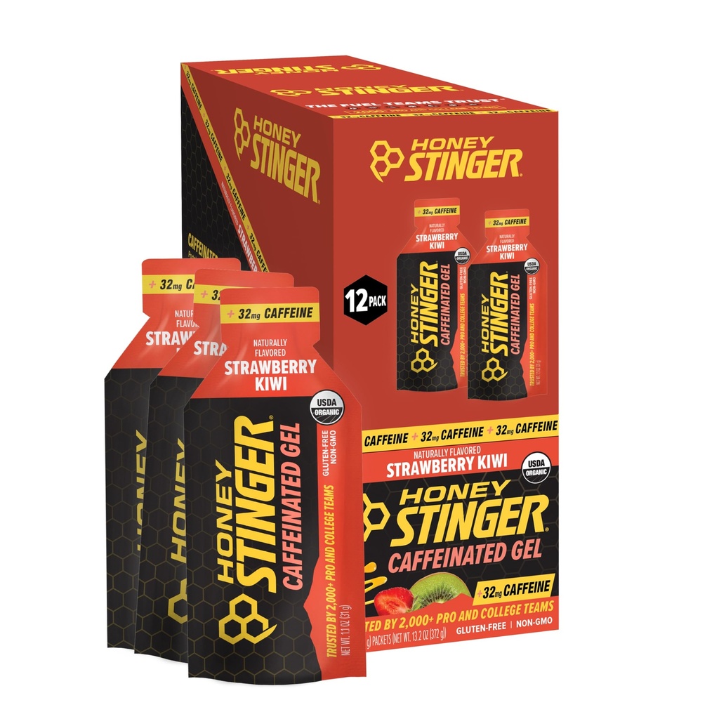 Honey Stinger Organic Strawberry Kiwi Energy Gel, Caffeinated & Gluten Free, för träning, körning och prestanda, sportnäring för hem & gym, Pre och Mid Workout, 12 Pack, 13.2 Ounce