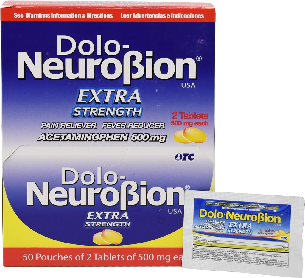 Neurobion Dolo Pain Reliever, Fever Reducer, Extra Strength, Fuerte, Alivia el Dolor, Reduce la Fiebre Dispenser 50 x 2 tabletter