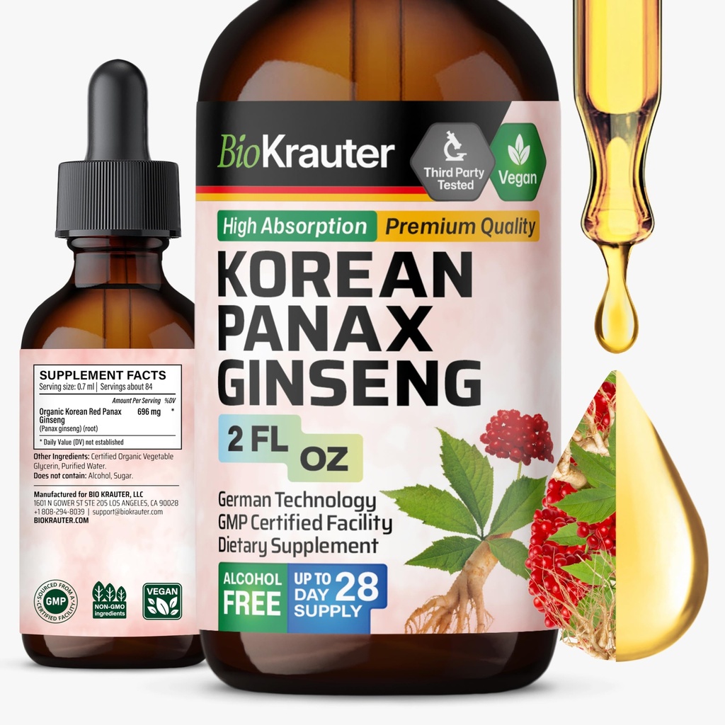 BIO KRAUTER Panax Ginseng Extract Liquid - Korean Red Ginseng Supplement Alkoholiton - Immuunituki - Vegan, Sokeriton - 2 Fl.Oz.