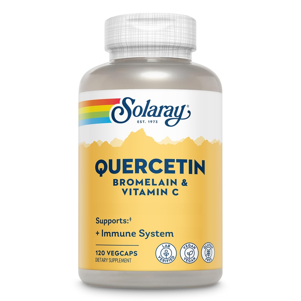 SOLARAY Quercetin med Bromelain och vitamin C - Immun Support Supplement - Antioxidant och hjärthälsa Komplex med Quercetin 500mg och 1235mg VIT C - Vegan, 60-dagars garanti, 60 Serv, 120 VegCaps