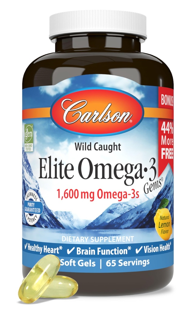 Carlson - Elite Omega-3 Gems, 1600 mg Omega-3 rasvahapot mukaan lukien EPA ja DHA, Norja, Wild-Caught Fish Oil Supplement, kestävästi lähdetään Omega 3 Fish Oil Kapselit, sitruuna, 130 Softgels