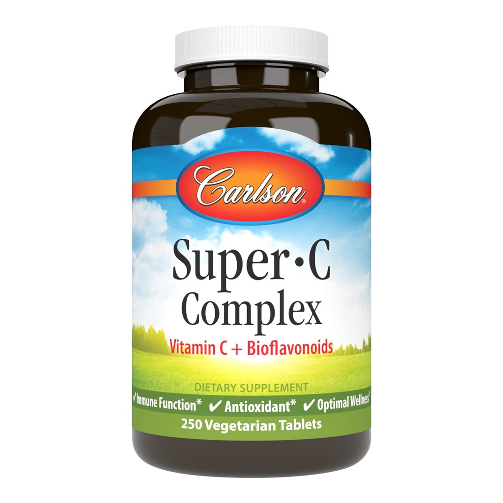 Carlson - Super-C Complex, C-vitamiini + Bioflavonoidit, Immuunin toiminta & Optimaalinen hyvinvointi, antioksidantti, 250 kasvisruokatablettia