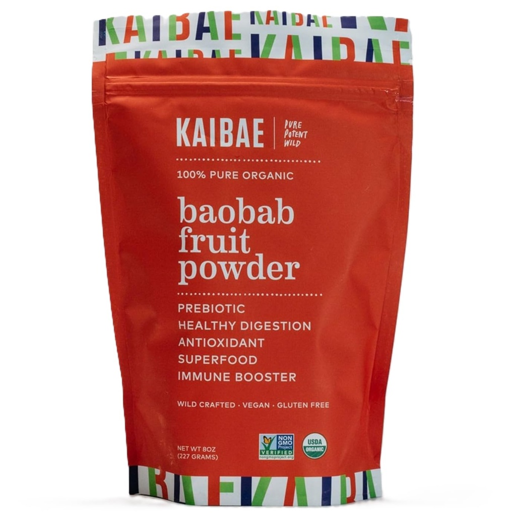 KAIBAE Premium Organic Baobab Powder I Prebiootti Gut Health, jaksottainen Fasting, Immuniteetti, Kosteus C-vitamiini, polyfenolit, Mineraalit . Kuitu täydentää 8 oz.