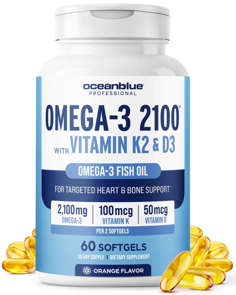 Oceanblue Professional Omega-3 2100 K2- ja D3-60-vitamiinin kanssa Kreivi - Triple Strength Burpless Fish Oil Omega-3 täydentää EPA, DHA & DPA - Wild Caught - Oranssi maku, 30 tarjoilua