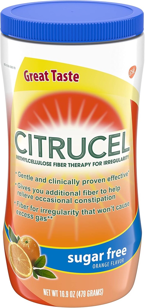 Citrucel Sugar Free Fiber Powder for Satunnainen Ummetus Relief, Metyyliselluloosakuitujauhe, Orange Flavor - 16,9 Ounces