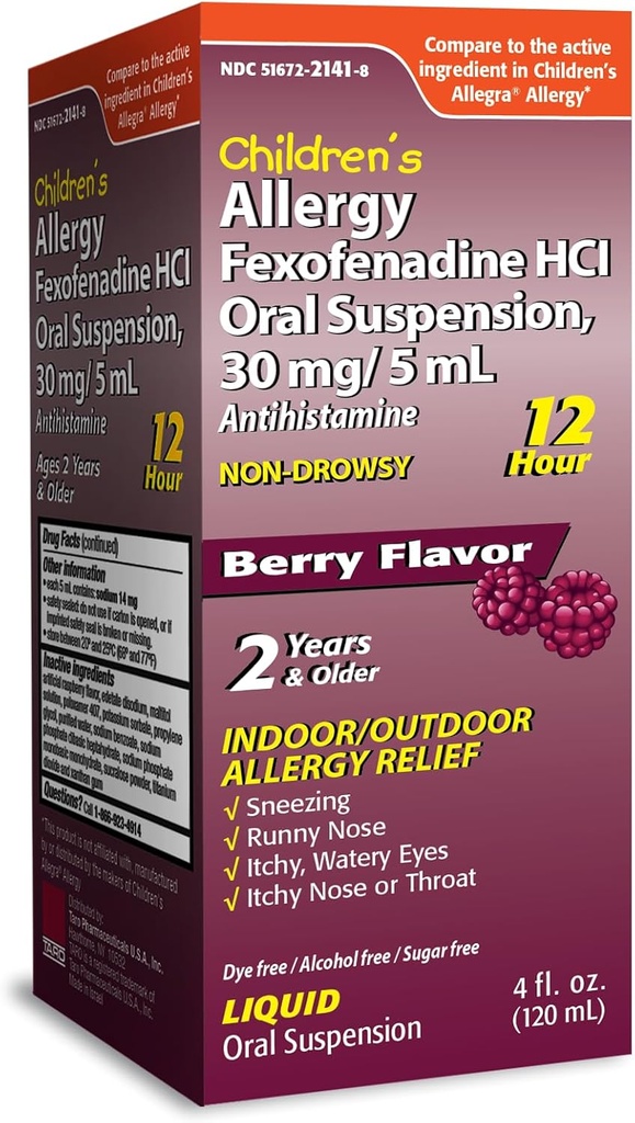 TARO Lasten 12HR Allergian lievittäminen Ei-huokoinen antihistamiini Liquid, Berry Flavor, alkoholiton, väriaineeton ja sokeriton, Fexofenadiini HCl (4 oz)