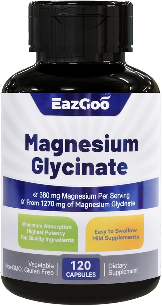 Magnesium Glycinate Kapselit 1270 mg, 380 mg Magnesium Supplement, suuri imeytyminen Magnesium Glycinate Supplement, ei-GMO- ei gluteenia, 120 kapselia