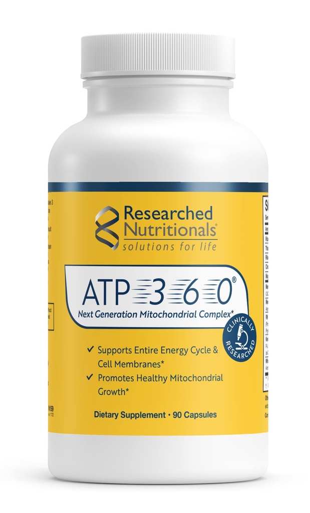 Tutkitut ravintoaineet ATP 360 - Mitokondriolisät koko energiasyklin ja solujen membraanien tueksi - Kliinisesti tutkitut ATP-lisät, suuri annos CoQ10, R-lipoiinihappo ja PQQ, 90 kapselia