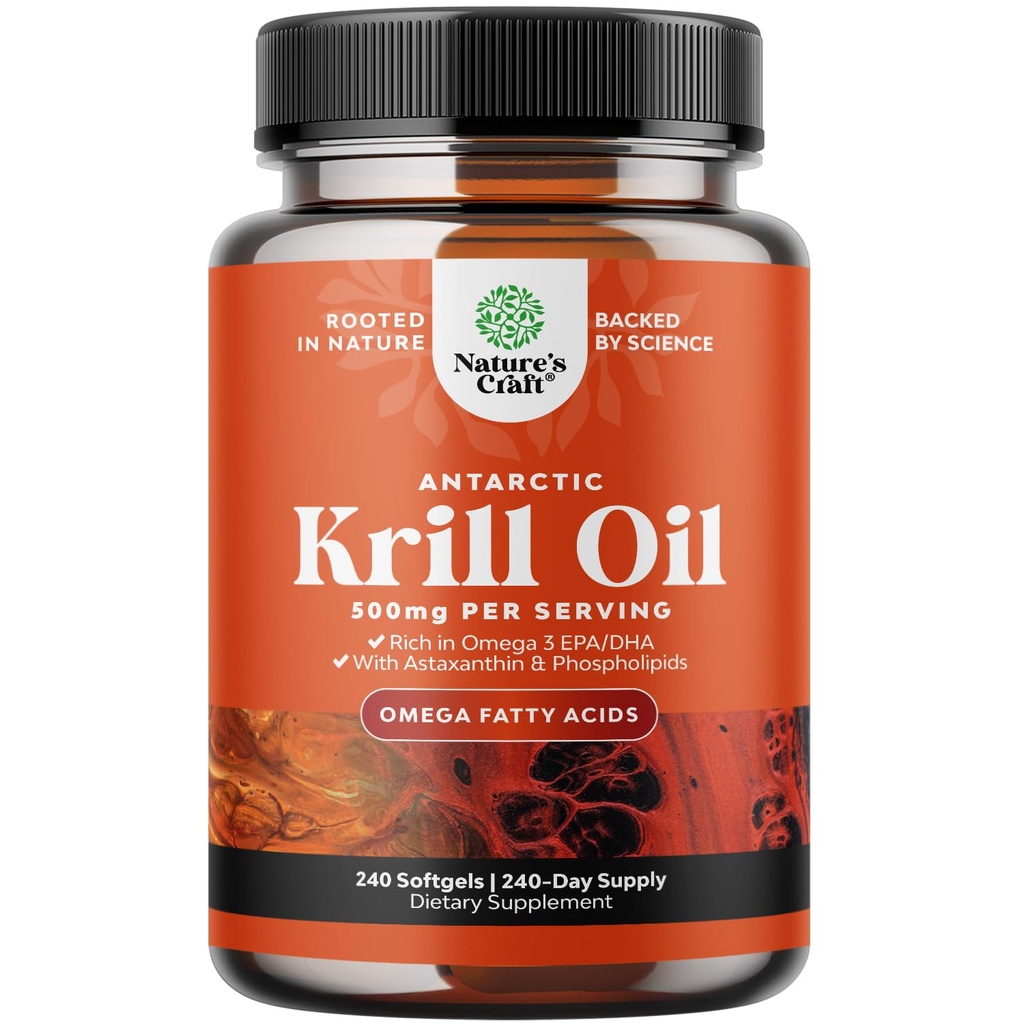 Antarktis Krill Oil 500mg Softgels - Omega 3 Krill Oil Supplement with EPA DHA & Astaksantiini for Brain Joint & Heart - 3rd Party Lab Tested No Gluten GMOs tai Fishy Jälkimaku (yli 8 kuukauden tarjonta)