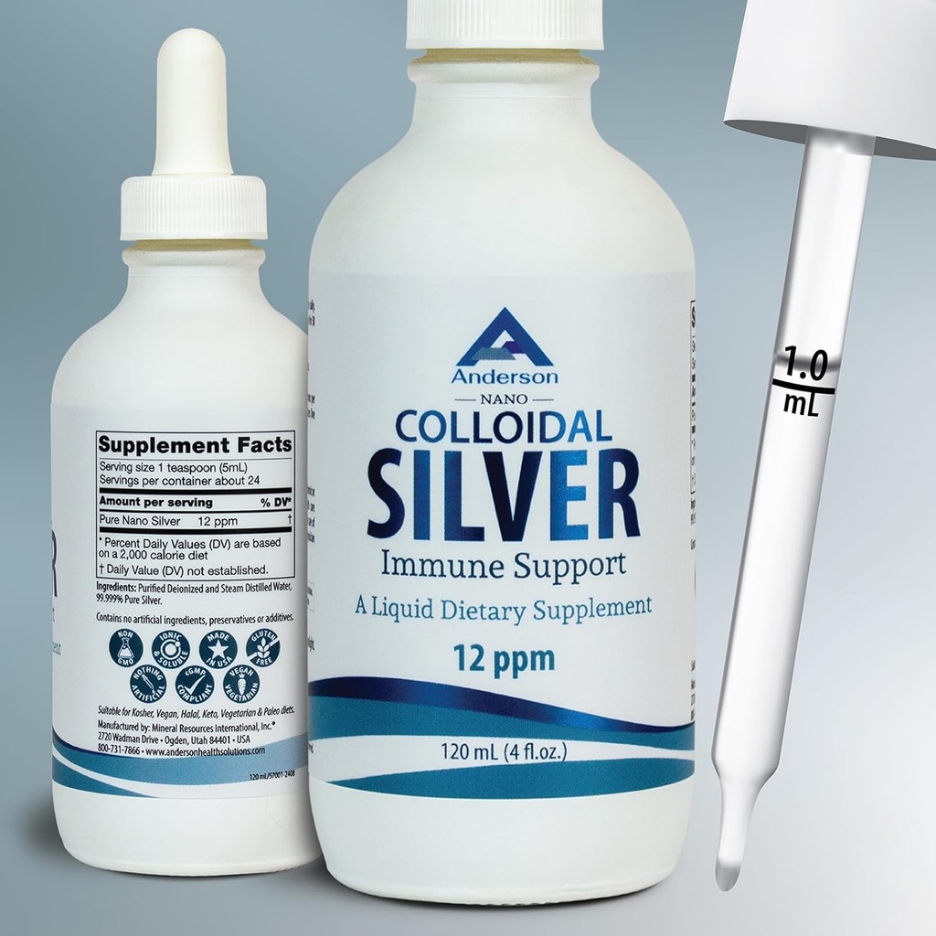 Nano Kolloidinen Silver Liquid, 12 PPM Deionized Silver, 4 Oz lasipullo mittaus Dropper, 24 tarjoilua