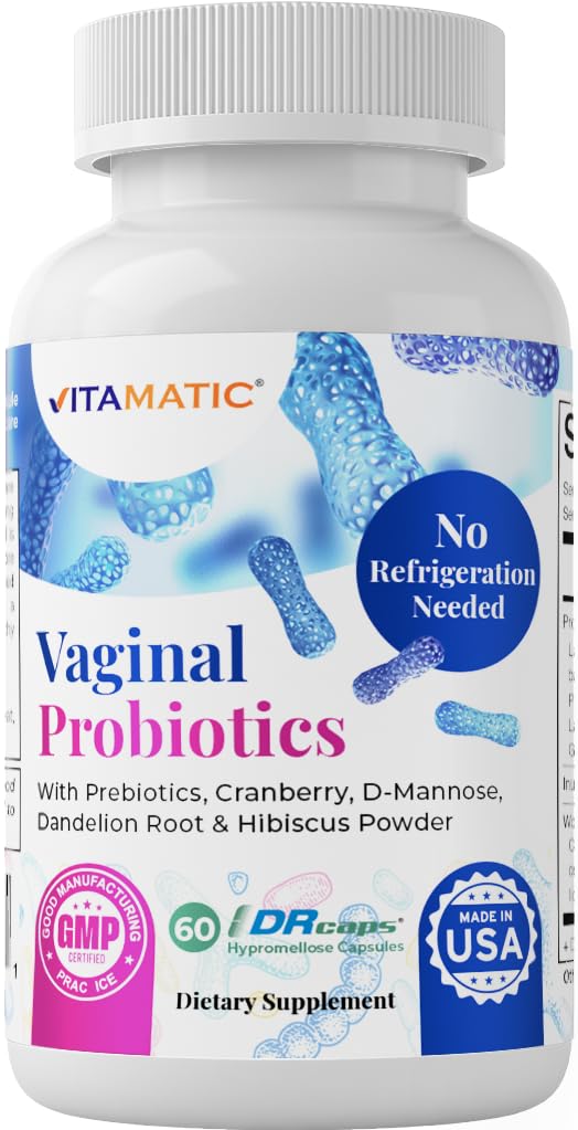 Vitamatic Vaginal Probiotics 20 miljarder för kvinnor pH Balance & Odor Control med prebiotika & Probiotika 60 DR kapslar - Made with Cranberry, D-Mannose, Hibisucs & Dandelion