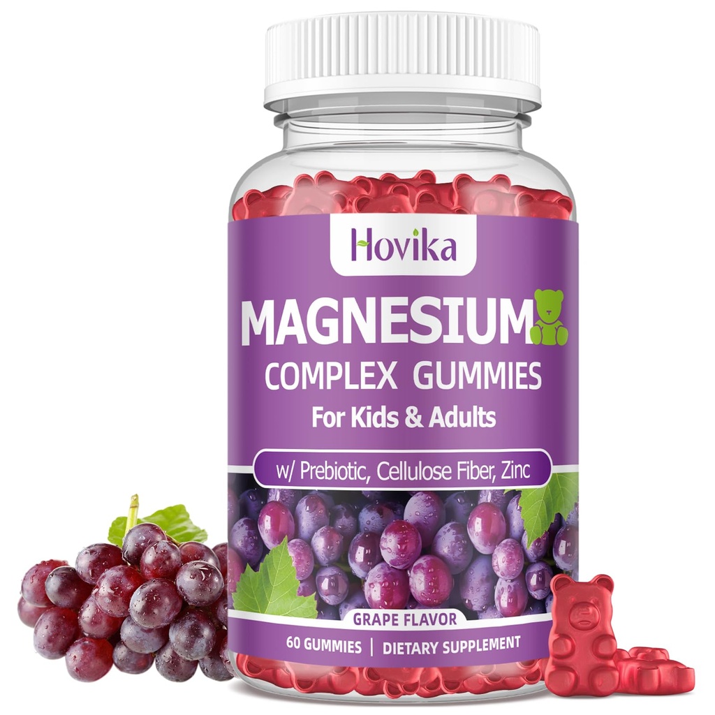 Magnesium Gummies for Kids - Magnesium Glycinate, Sitraatti, Prebiootti, Sinkki - Lapset & Aikuiset Magnesium Complex Calm Gummies for Nerve Bone & Muscle Health for Kids Wellness, Vegan Grape Flavor 60 Count