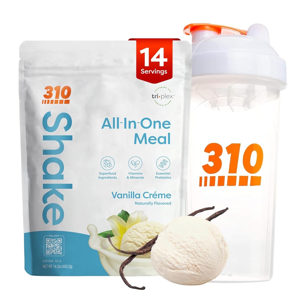 310 Nutrition All-in-One Ateriankorvike Shake Powder w/Shaker Cup Starter Kit - Korkea proteiinikuitu Rich Vegan Superfood Blend - Sokeriton, Keto & Paleo Friendly, Low Carb - Vanilla Creme 14 srv