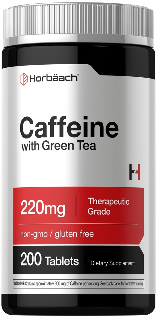 Horbäach koffeinpiller 200mg | med grönt te | 200 tabletter | Vegetarisk, icke-GMO & Glutenfri