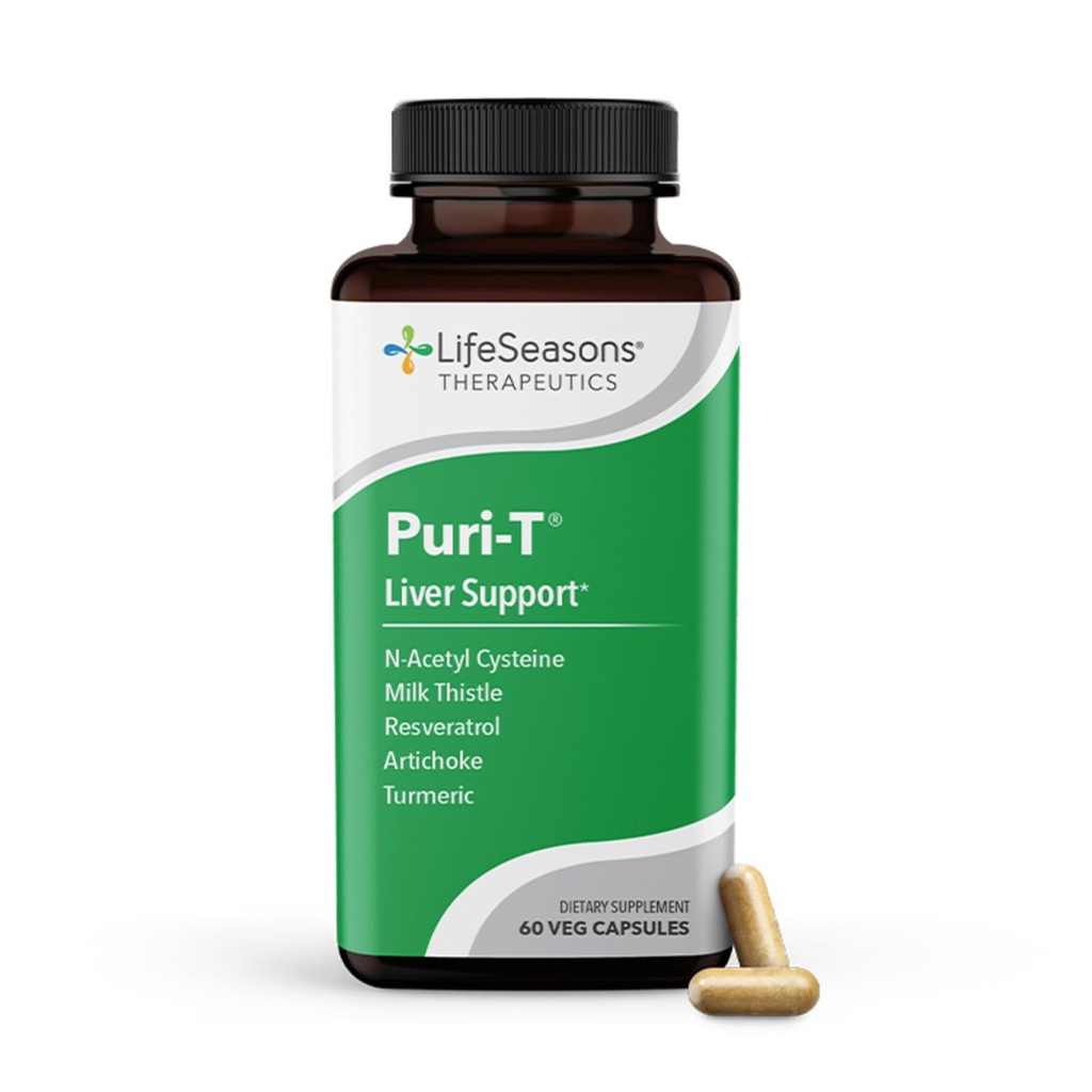 LifeSeasons Puri-T - Maksan puhdistus- ja detox-tuen lisäosa - Resveratrol, N-Acetyl Cysteine, Milk Thistle, Artisoke & Turmeric - Tukee kudosten regenerointi & terveen Bile Flow - 60 kapselia