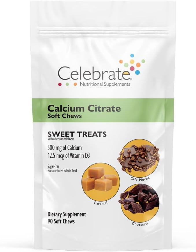Celebrate Vitamins Bariatric Calcium Citrate Soft Chews med vitamin D3, 500mg, Sugar-Free & Gluten-Free Calcium Citrate för bariatriska patienter, söta behandlingar, 90 greve