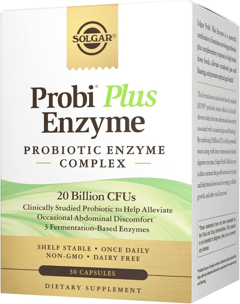 Solgar Probi Plus Enzyme Complex, 30 kapslar - 20 miljarder CFU Probiotic Plus Enzymes - En gång dagligen - Kliniskt utformad för att lindra ockasionell gas och uppblåsthet - Non-GMO & Dairy Free, 30 portioner