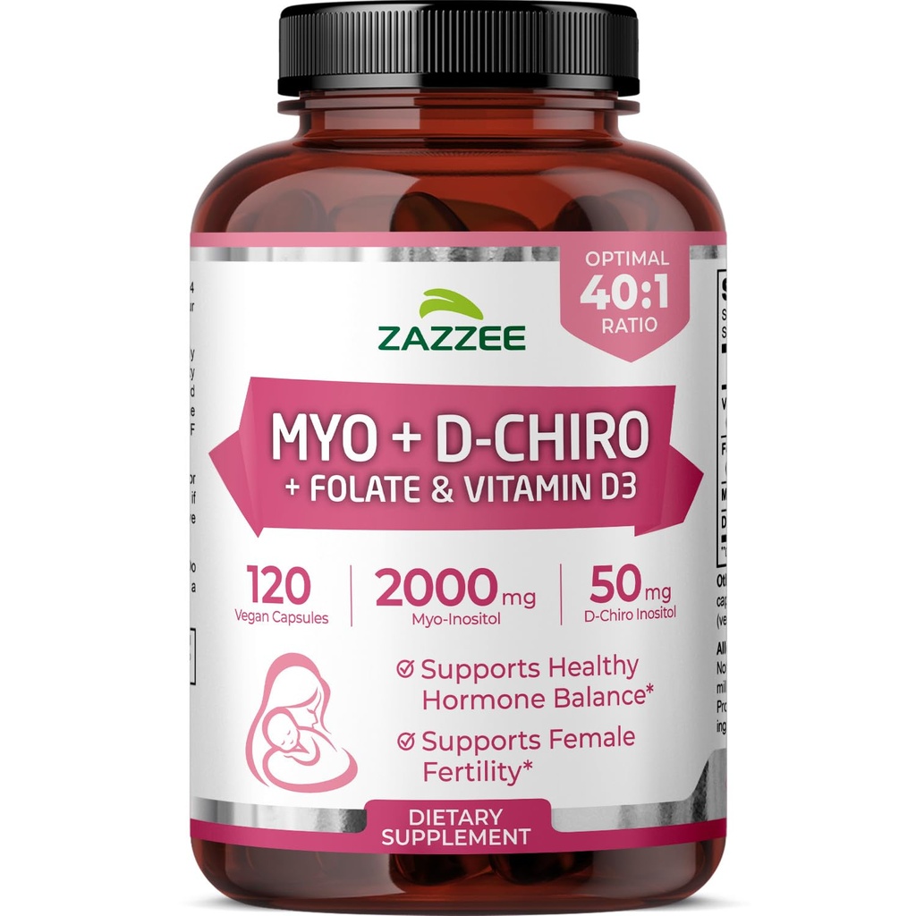 Myo och D-Chiro Inositol Supplement för kvinnor - fertilitetsförsörjning för kvinnor med ideal 40:1 Ratio Myo & D-Chiro Inositol D3 & Methylfolate Ovarian Support Vitamins - ISO Lab Tested (30 portioner)