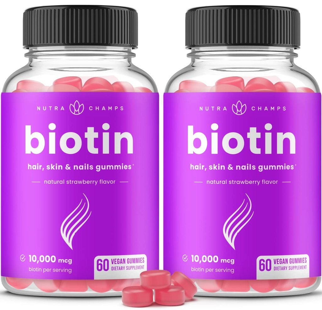 NutraChamps (2 pakkaus) Biotin Gummies 10,000 mcg [korkea teho] terveille hiuksille, iho & kynnet aikuisille & lapsille - 5000 mcg kunkin Gummy-vitamiini - Vegaani, ei-GMO, Pektiinipohjainen hiusten terveys täydentää