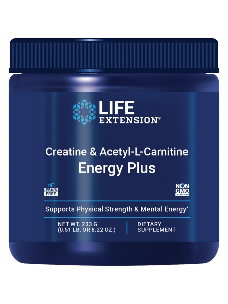 Life Extension Creatine Acetyl-L-Carnitine Energy Plus, Energy Support, kreatiinimonohydraatti, asetyyli-L-karnitiini, gluteeniton, ei-GMO, kasvissyöjä, 30 tarjoilua