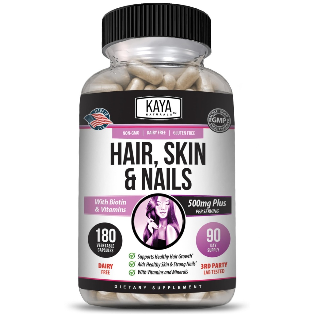 Kaya Naturals hiusten iho kynsi kapselit BIOTIN D-vitamiini B-12 A Foolihappo tuki, hiusten tuki vitamiini täydentää - 180