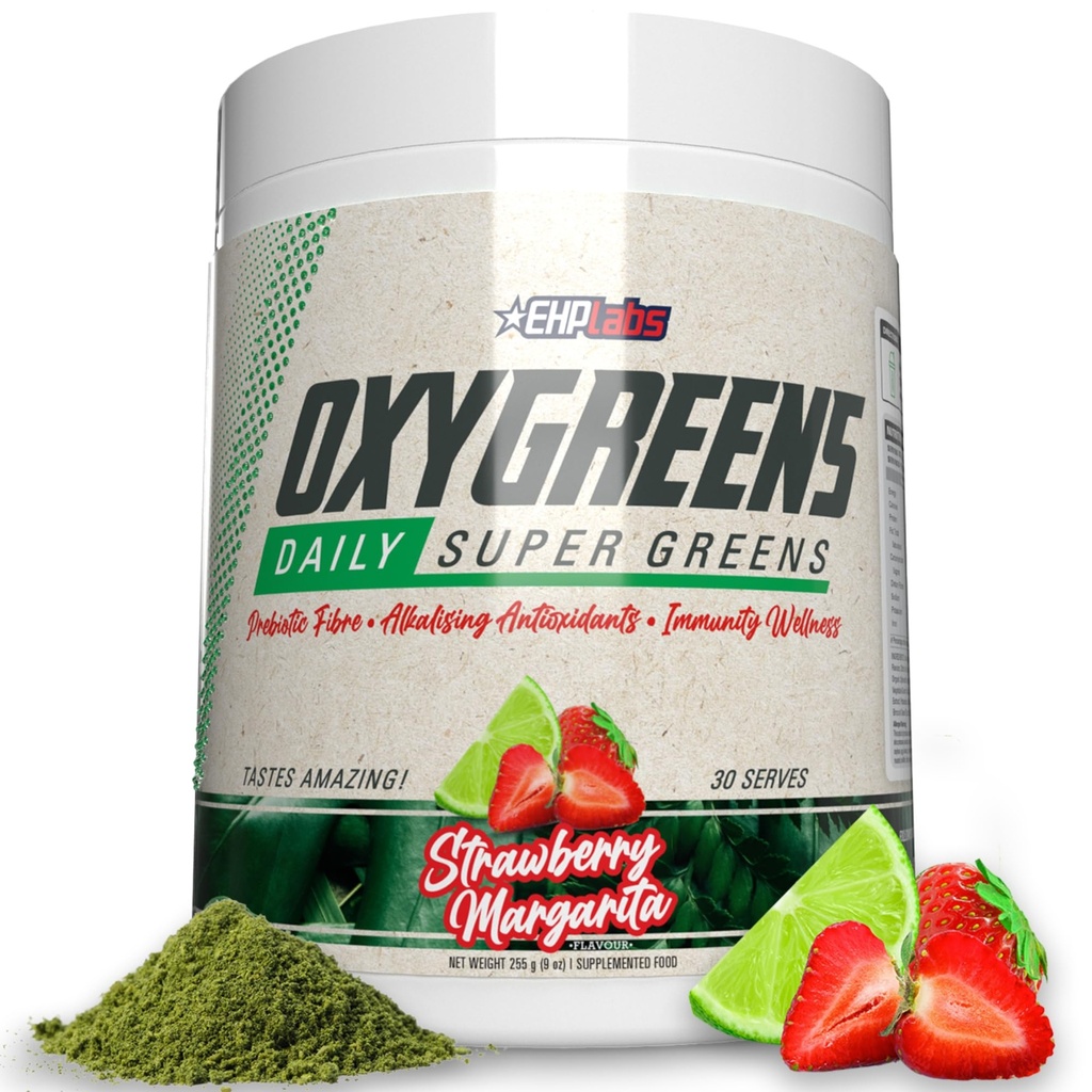 EHP Labs OxyGreens Super Greens Powder - Spirulina & Chlorella Superfood, Green Juice Powder & Greens Supplements med Prebiotic Fiber, Antioxidanter & Immunity Support, 30 Serves (Strawb. Margarita)