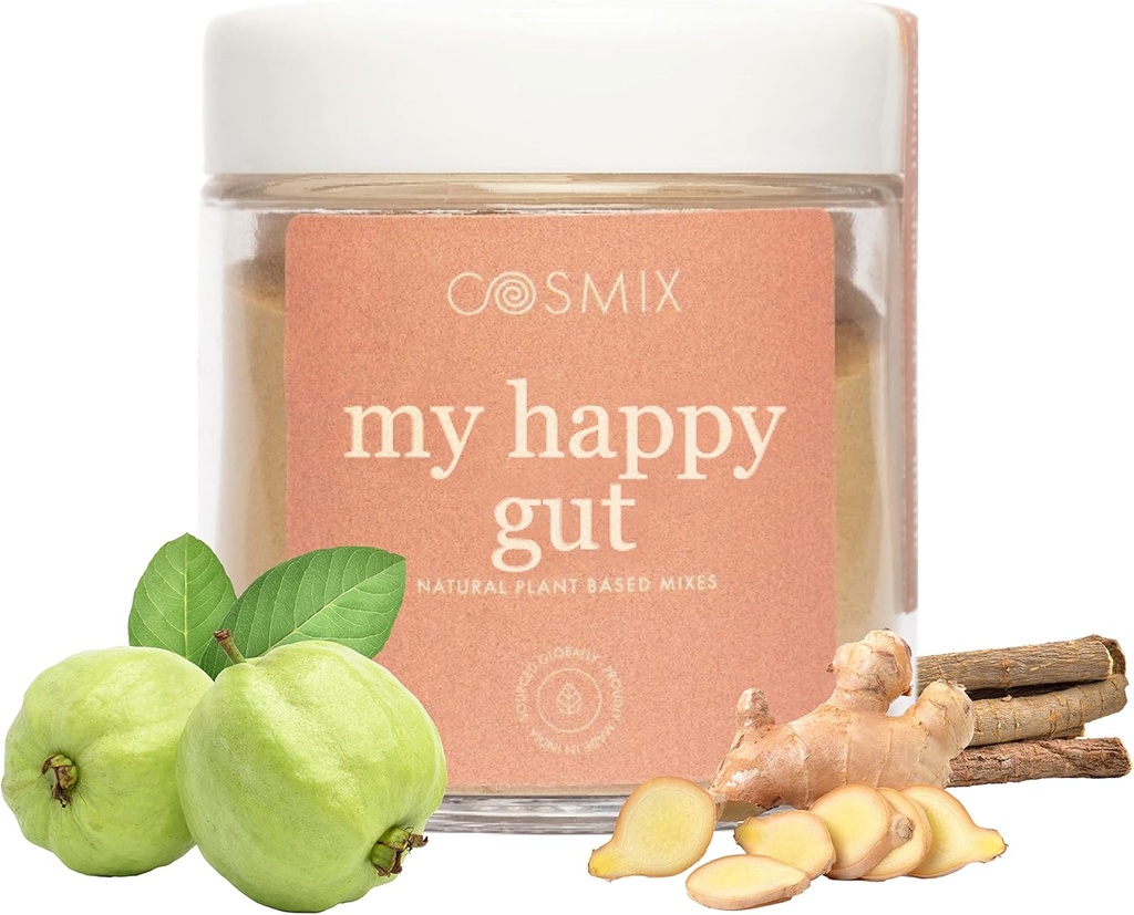 cosmix My Happy Gut, parantaa ruoansulatusta, turvotusta ja yleistä Gut Health, Natural, Plant-Baseed Superfood Blend, tekee jopa 40 tarjoilua, Lisätty sokeri, Vegan 50 G (paketti 1) Ruskea