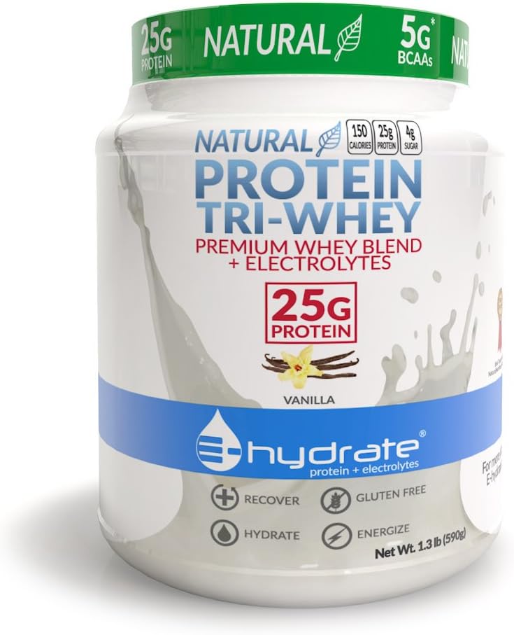 E-hydrat Tri-Whey Protein Powder Gluten Free BCAA + Electrolytes Hydrate Recover, Vanilla, 1.3lb Tub