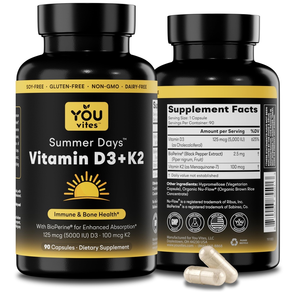 D3-vitamiini + K2 - Max Imeytyminen, 5000 IU D3 & 100 mikrog K2 MK-7 (Menakinoni-7) BioPerine - Bone, Heart & Immuno Support - Ei-GMO, Gluteeniton, soijaton - 90 kapselia - Päivittäinen täydennysosa