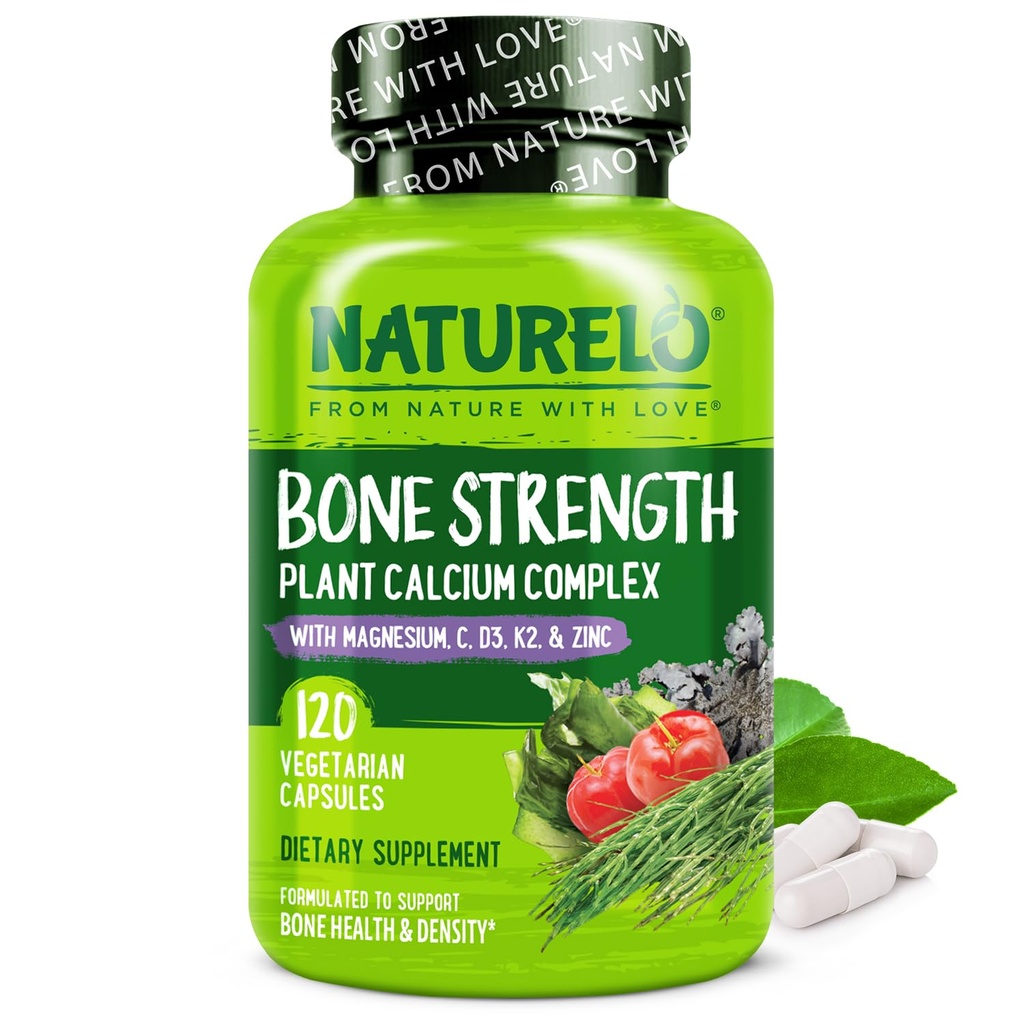 NATURELO Calcium Supplement - med vitamin C, vitamin D3, K2 och Calcium Magnesium Zink för benstyrka med Calcium 600mg - Plantbaserad, 120 vegetariska kapslar, icke-GMO, Soja & Gluten-Free