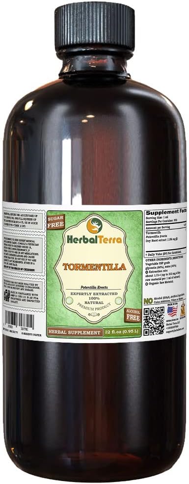 Tormentilla (Potentilla erecta) Glyseriitti, kuivattu juuria Alkoholiton nesteuute (Brandin nimi: HerbalTerra, ylpeänä valmistettu Yhdysvalloissa) 32 fl.oz (0,95 l)