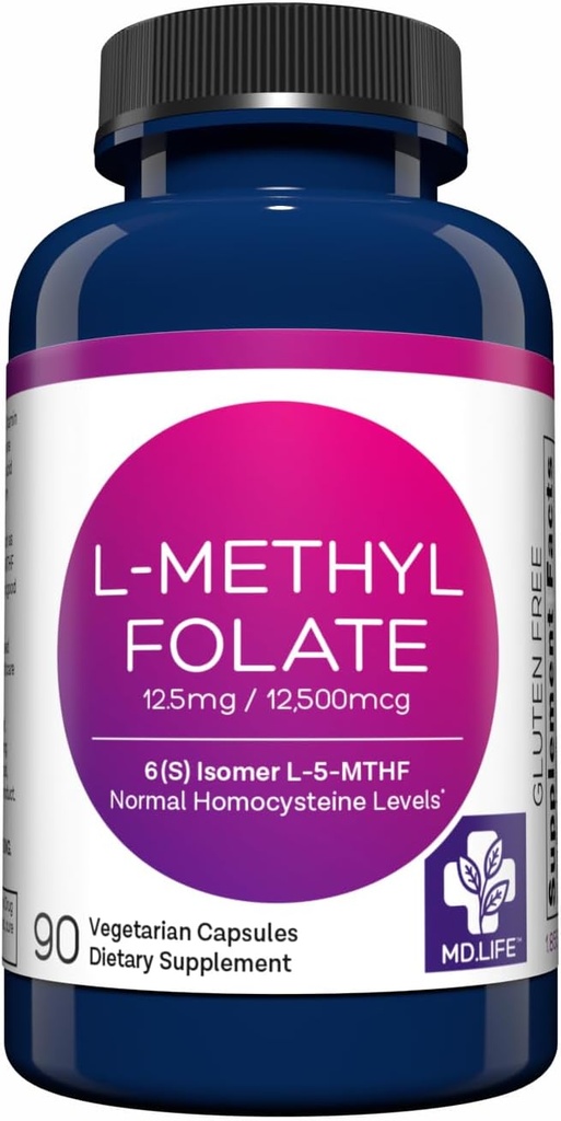 MD Life L Methylfolate 12.5mg - Professional- Grade Active Methylfolate Supplement - Maximum Potency MTHFR Lisäravinteet - L metyylifolaatti 12.5mg 90 kapselia - Essential amino Acids